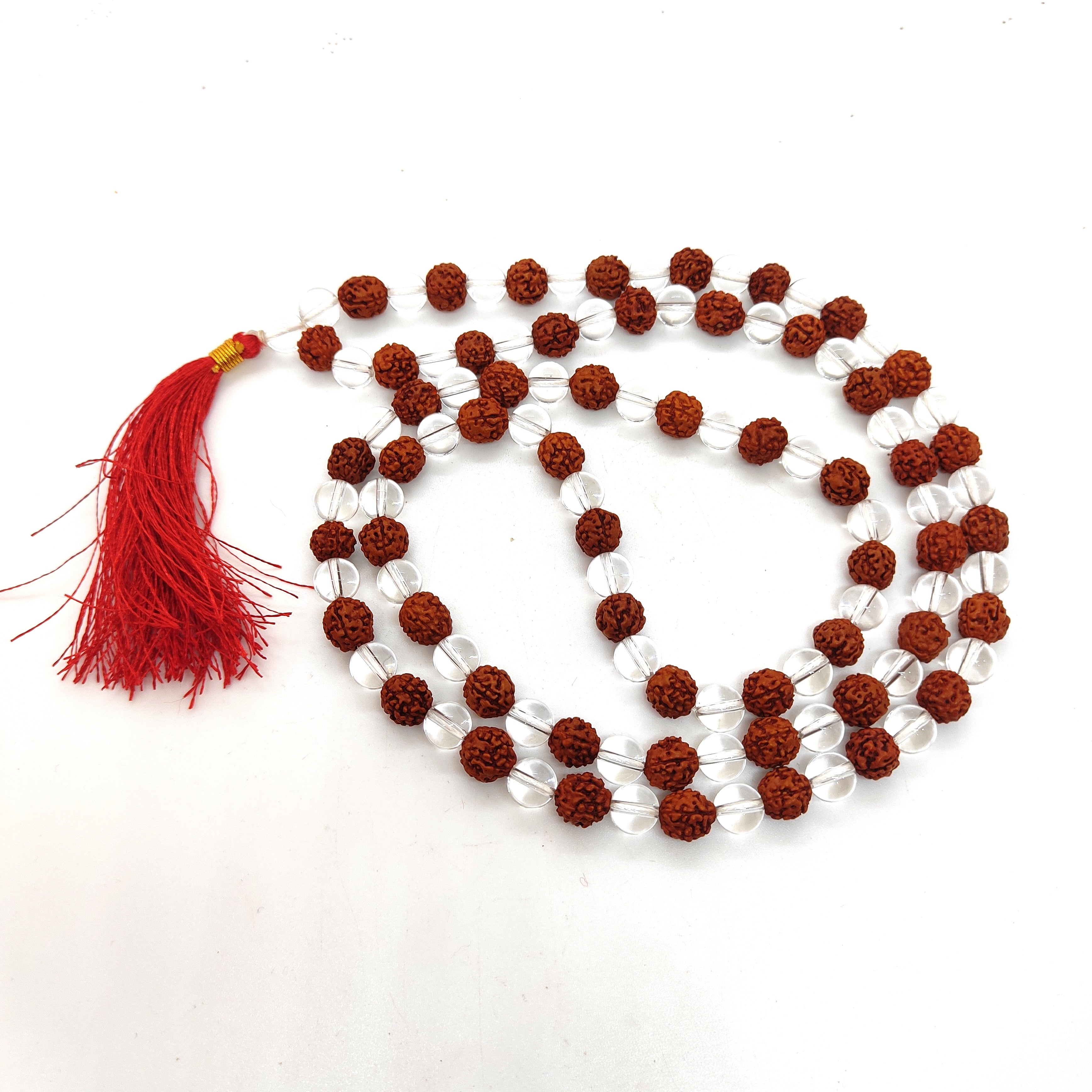 Clear Quartz With Rudraksh Natural With Certified Japa Mala 108 + 1 Beads